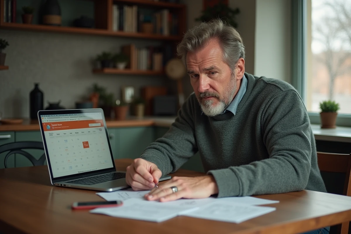 Homme consultant le calendrier des soldes d'hiver par région sur papier et ordinateur portable à domicile