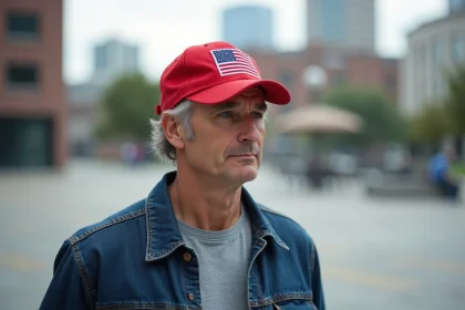 Homme portant une casquette rouge style Trump avec drapeau américain brodé, look casual urbain en extérieur