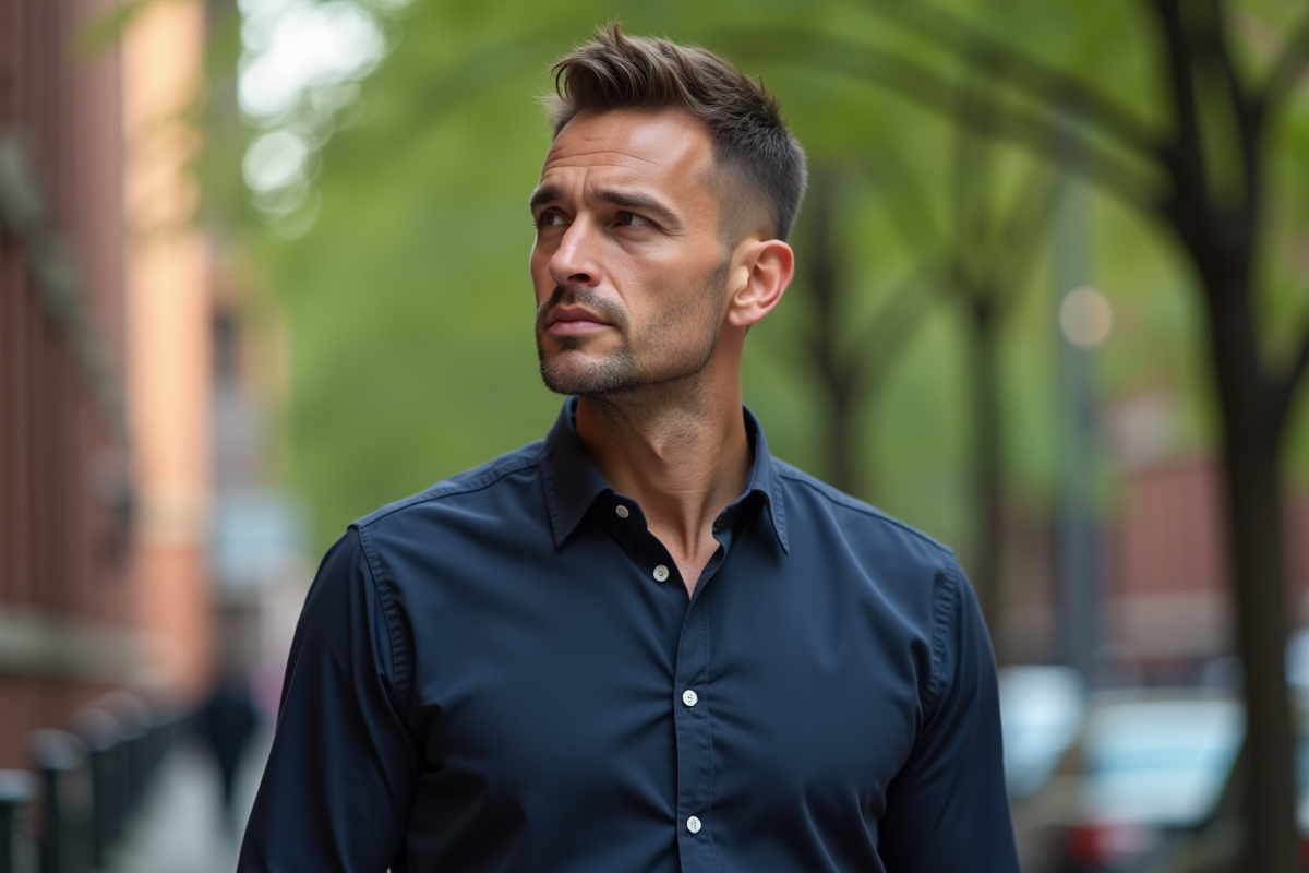 Homme confiant en extérieur sur une rue urbaine