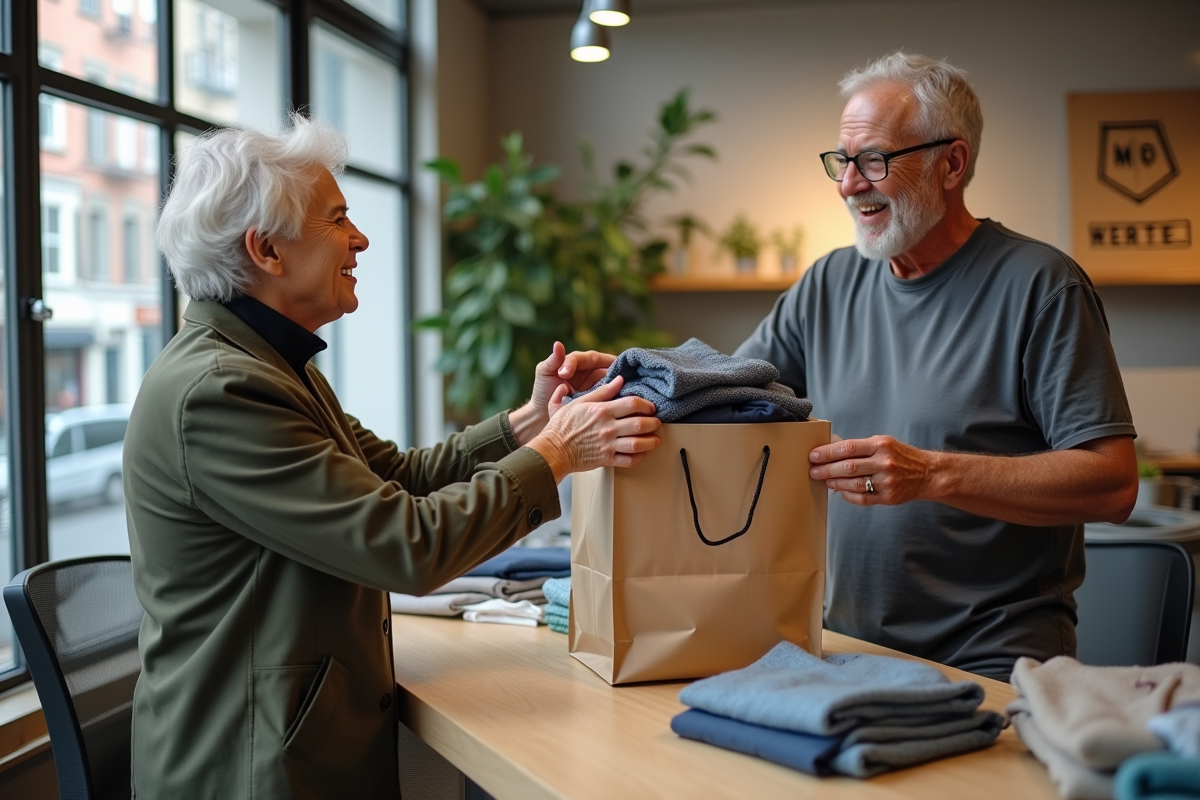 Homme âgé donnant un sac de vêtements recyclés au personnel