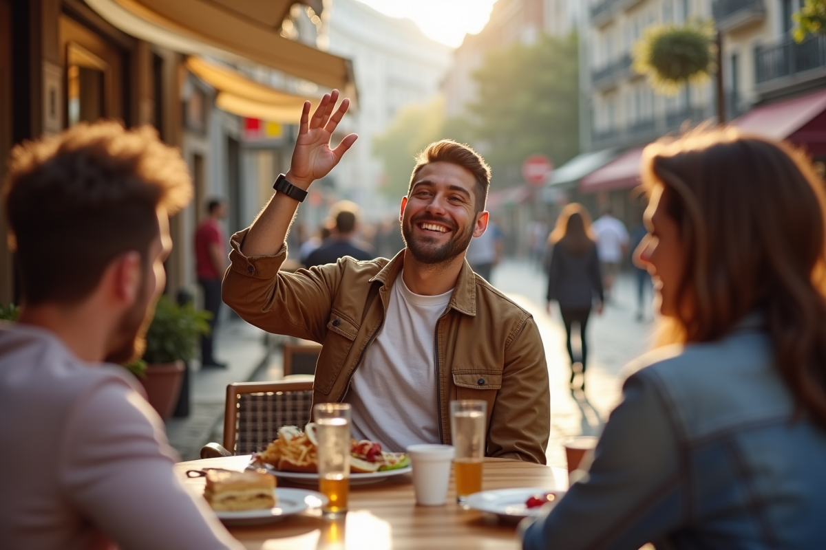 Homme dehors avec amis vérifiant sa montre au soleil