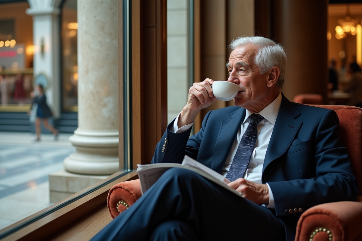 Homme âgé en costume assis dans lounge de magasin
