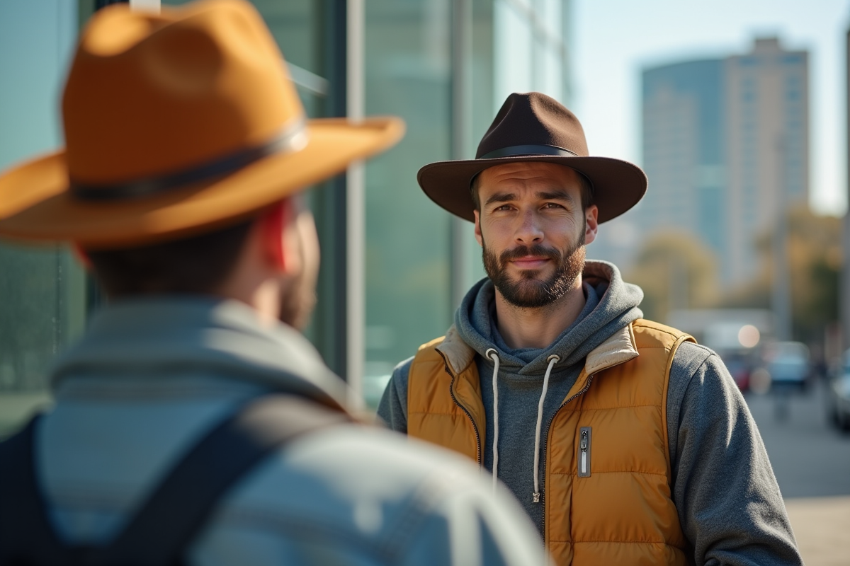 Homme confiant essayant différents chapeaux en plein air