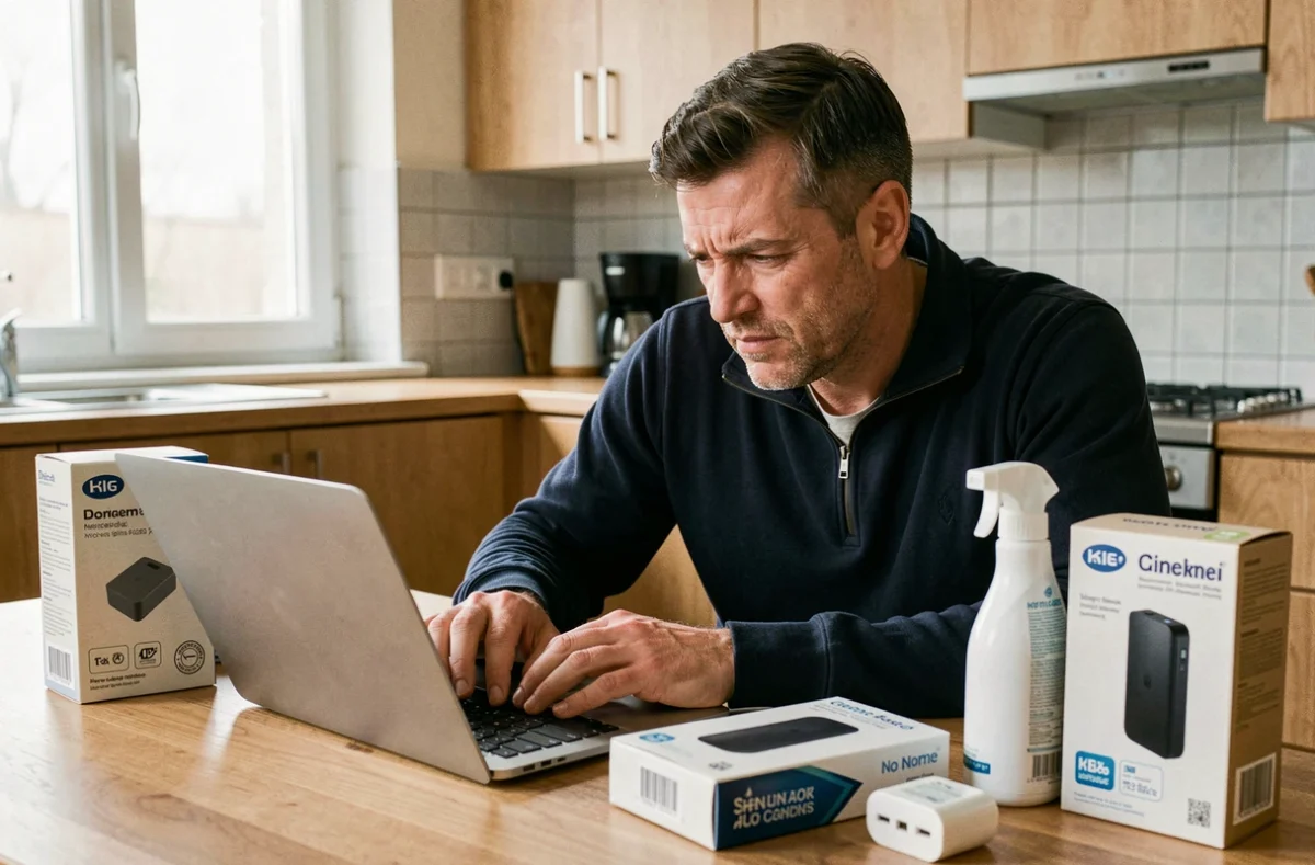 Homme évaluant des produits sans marque sur internet depuis sa cuisine