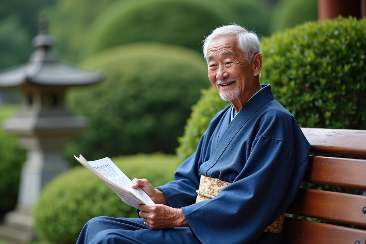 Homme âgé en kimono japonais dans un jardin serein