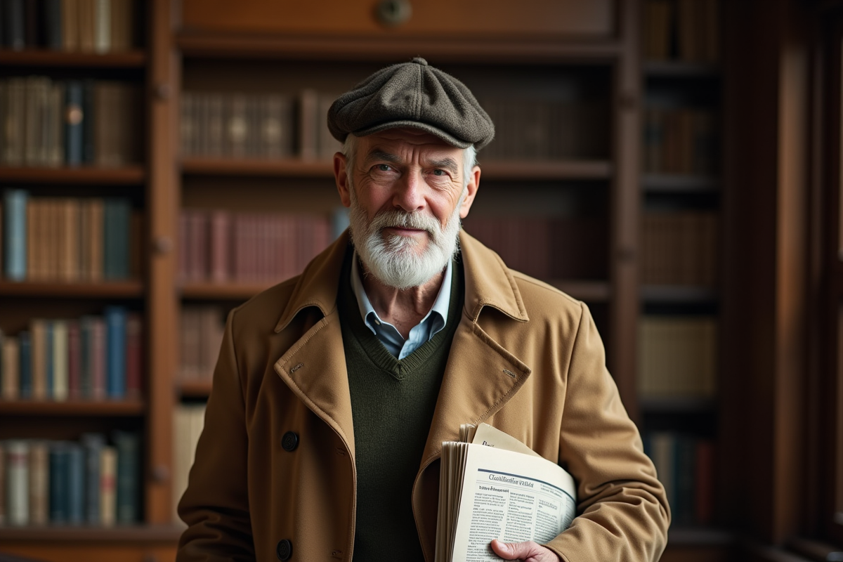Homme âgé avec trench et chapeau dans une bibliothèque ancienne