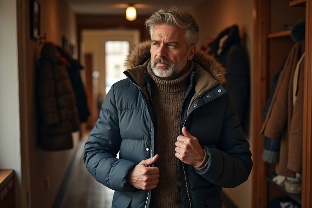 Homme en manteau doudoune dans un hall chaleureux