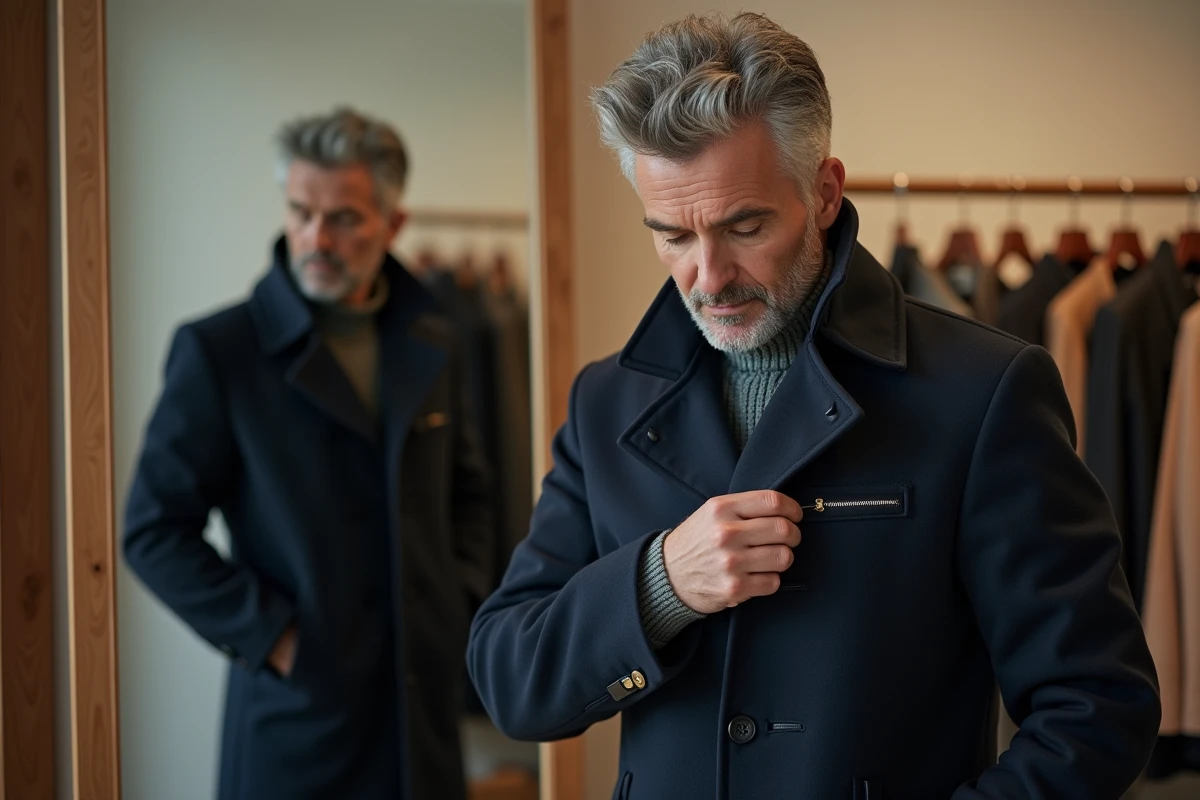 Homme en manteau marine inspectant une poche cousue en boutique de vêtements devant un miroir
