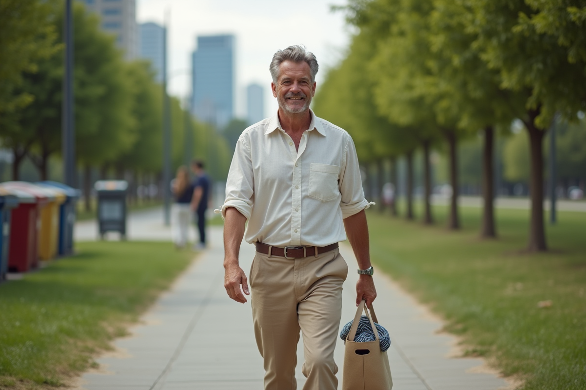 Homme en vêtements durables marchant dans un parc urbain