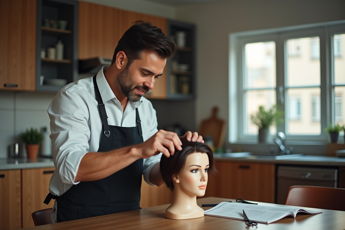 Homme pratique une coupe sur un mannequin à la maison