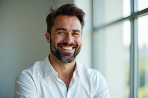 Homme souriant avec barbe Balbo bien soignée en portrait
