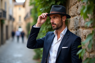 Homme élégant en tenue chic avec chapeau beretta devant un mur ancien
