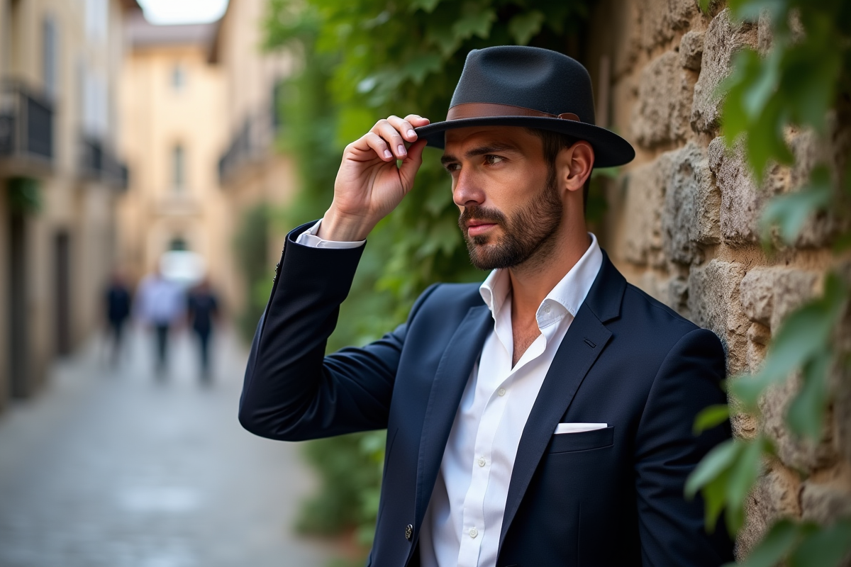 Homme élégant en tenue chic avec chapeau beretta devant un mur ancien