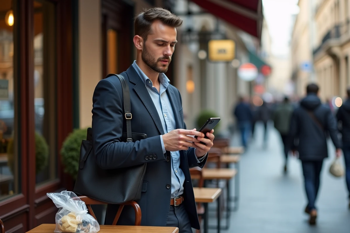 Jeune homme en ville vérifiant son smartphone à l