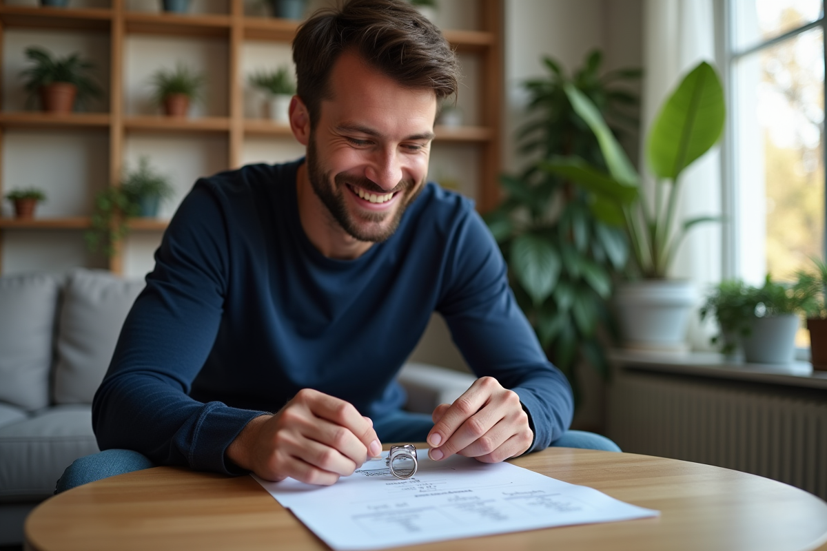 Homme utilisant un tableau de taille de bague dans le salon