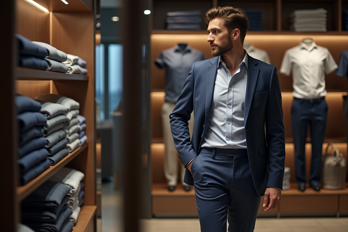 Homme en pantalon navy dans un magasin moderne