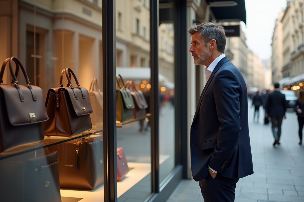 Homme d affaires regarde sacs dans une vitrine en rue chic