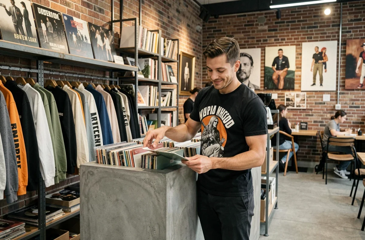 Intérieur de Hybride Concept Store mêlant mode contemporaine, comptoir café en béton et collection de vinyles sur des étagères en acier brut