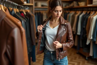 Femme inspectant une veste en cuir vintage dans une boutique de seconde main, vérifiant les coutures et la doublure