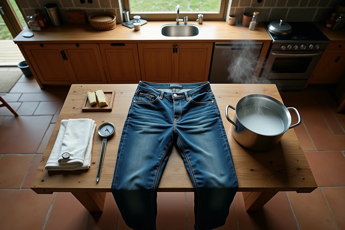 Jean en denim selvedge posé sur une table en bois à côté d'une casserole d'eau chaude dans une cuisine rustique