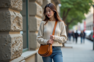 Jeune femme ajustant son sac banane en ville