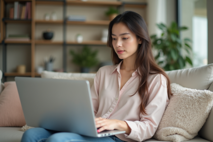 Jeune femme en blouse pastel travaillant sur un ordinateur à la maison