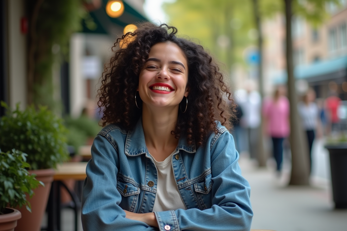 Jeune femme souriante avec lèvres rouges dans un café urbain