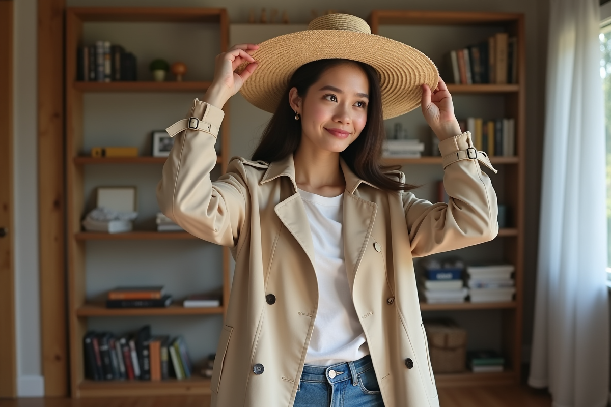 Jeune femme avec chapeau dans un salon chaleureux