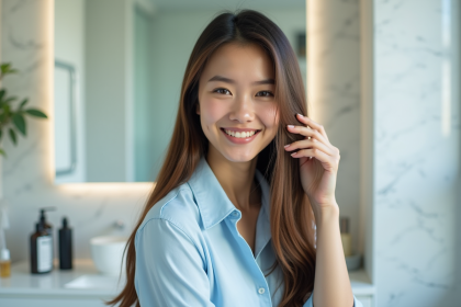 Jeune femme aux cheveux bruns lisses souriant dans la salle de bain