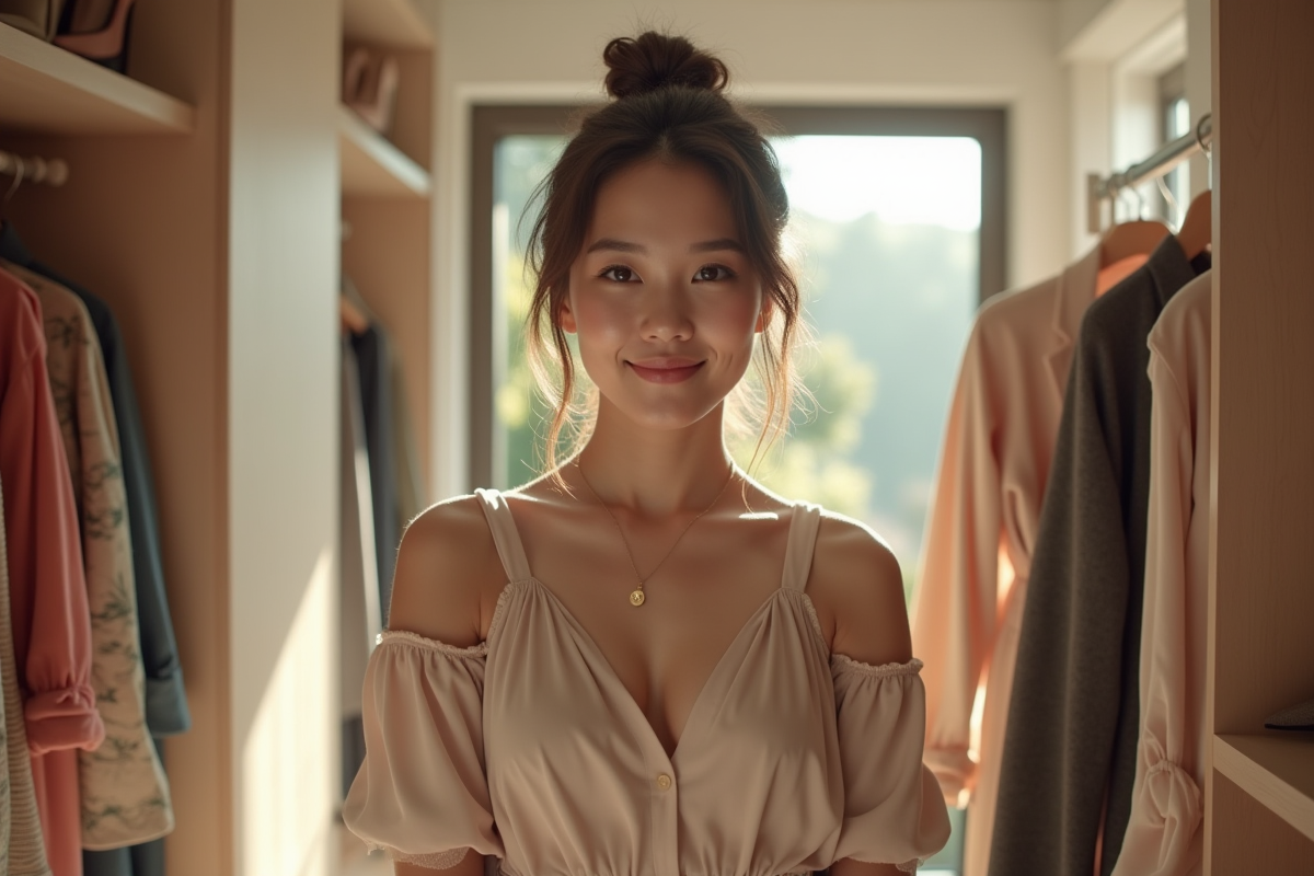 Jeune femme confiante choisissant des tenues dans un dressing lumineux