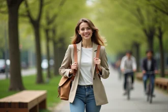 Jeune femme en blazer beige et sac en liège dans un parc urbain