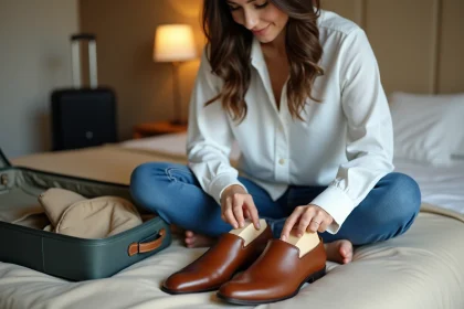 Jeune femme préparant ses chaussures dans une chambre d'hôtel