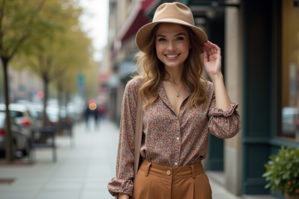 Jeune femme mode en ville ajustant son chapeau tendance