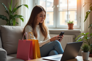 Jeune femme moderne utilisant son smartphone pour shopping mode