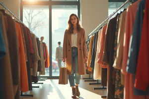 Jeune femme dans un magasin de mode moderne et lumineux