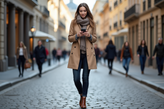 Jeune femme élégante en trench beige dans une rue parisienne