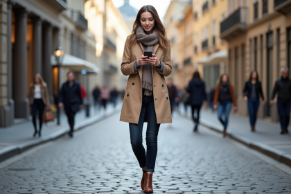 Jeune femme élégante en trench beige dans une rue parisienne