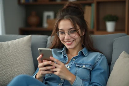 Jeune femme en denim essayant lunettes virtuelles à la maison