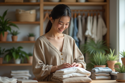 Jeune femme inspectant des vêtements durables dans un intérieur cosy