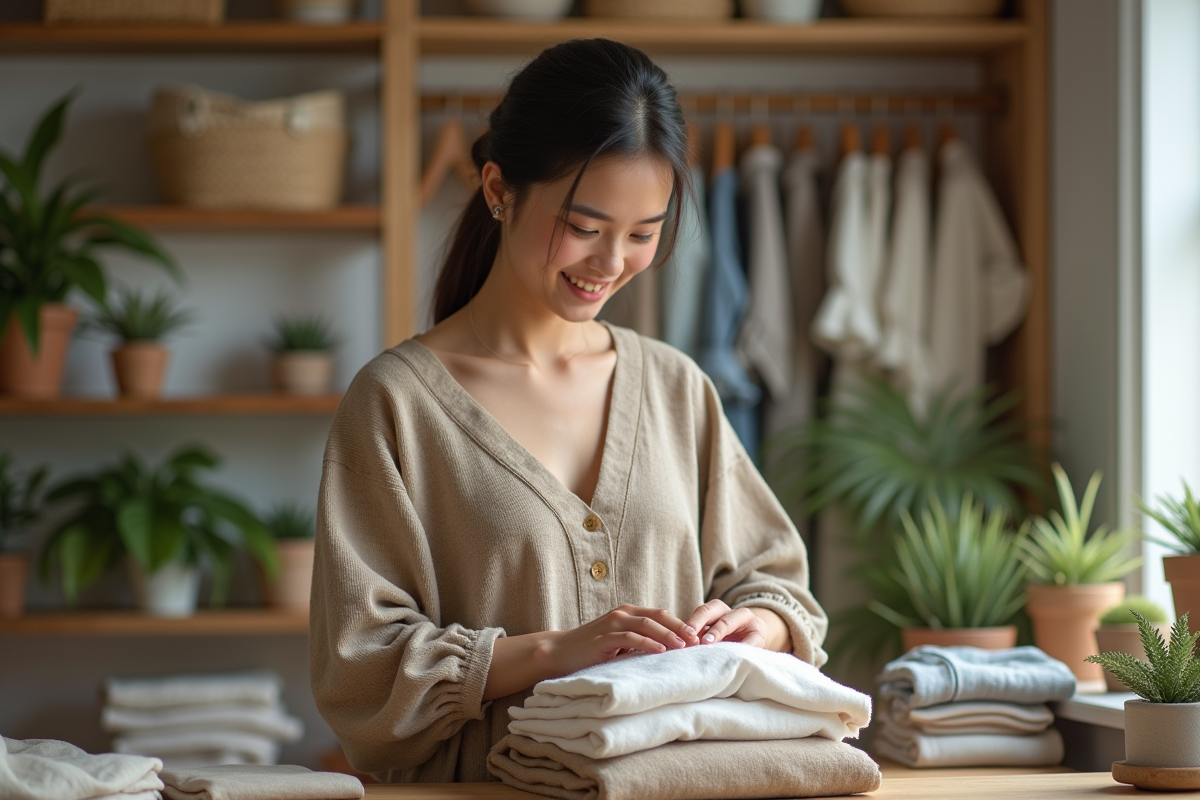 Jeune femme inspectant des vêtements durables dans un intérieur cosy