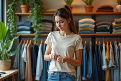Jeune femme dans une boutique de seconde main en tenue écologique
