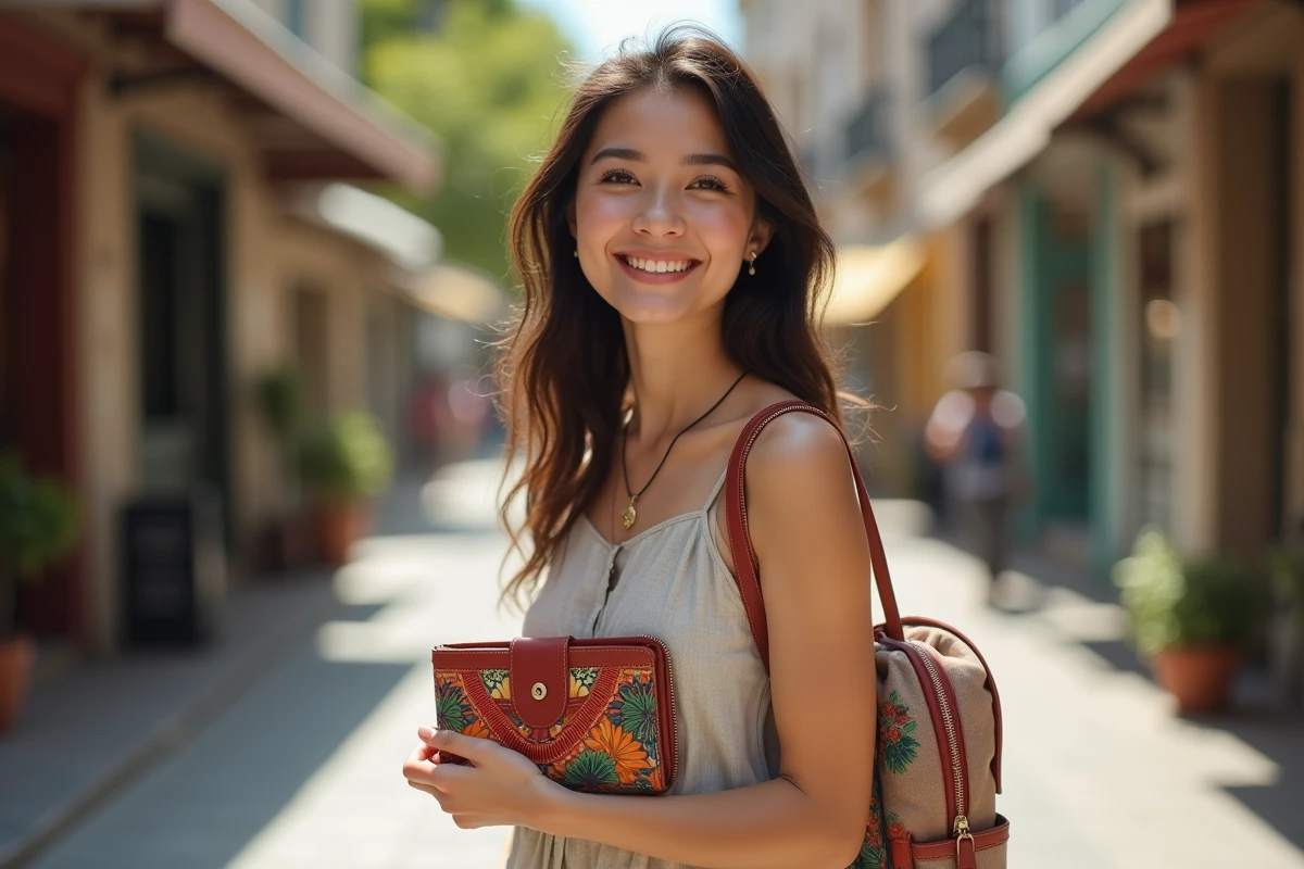 Jeune femme souriante tenant un portefeuille coloré en ville