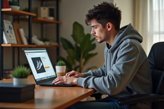 Jeune homme concentré faisant une enchère sur StockX dans son bureau