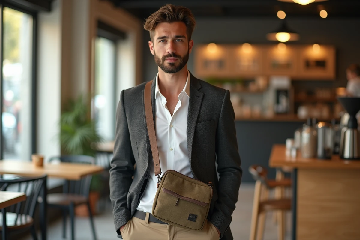 Jeune homme avec sac casual dans un café moderne