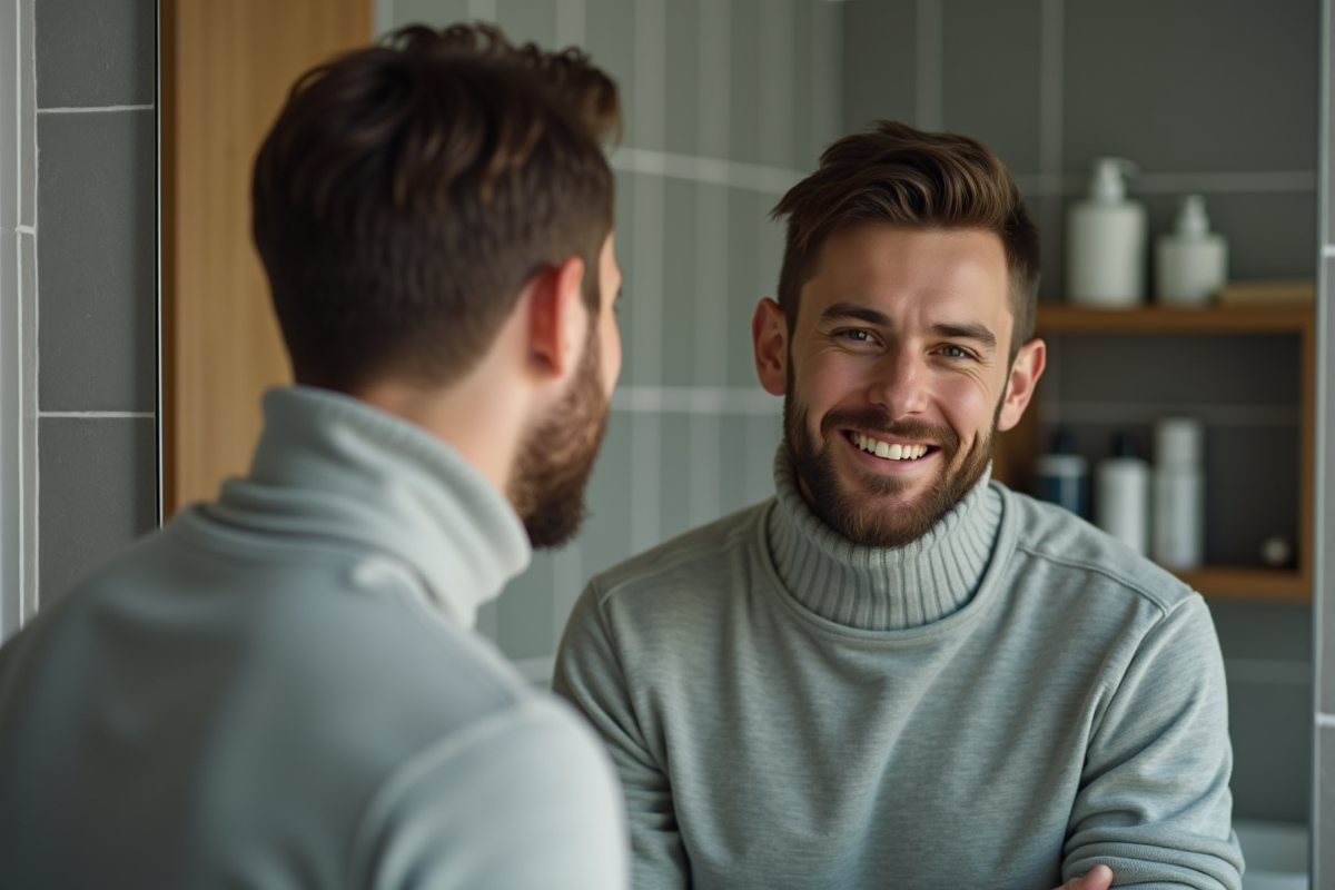 Jeune homme se coiffant devant un miroir de salle de bain