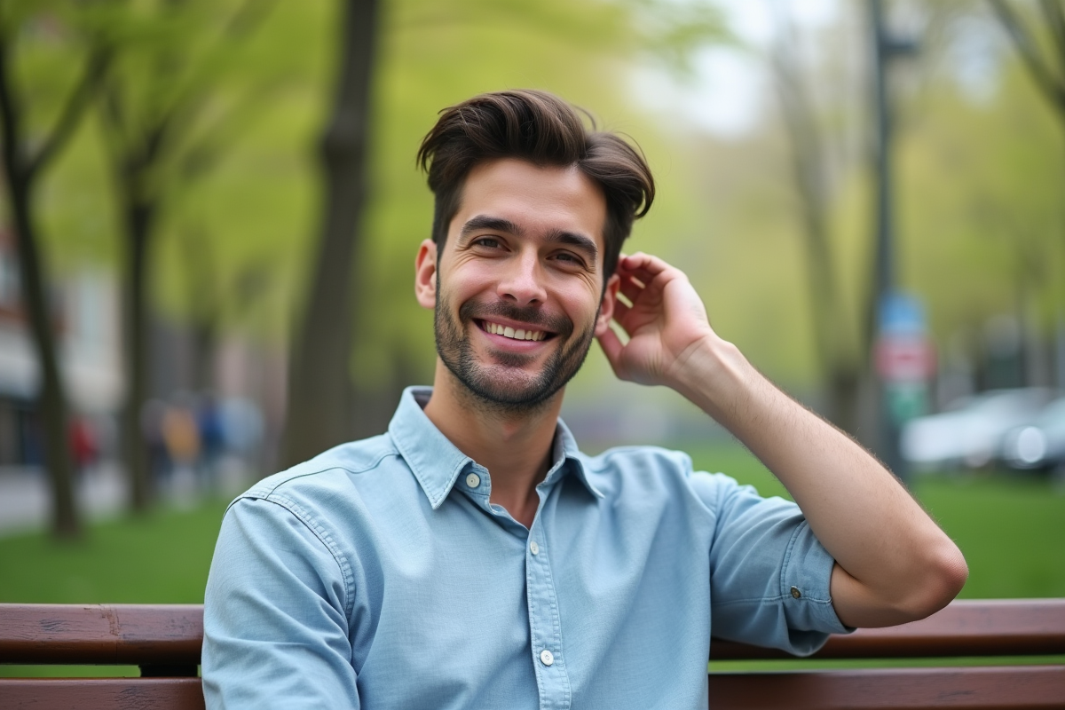 Jeune homme en chemise bleue dans parc urbain