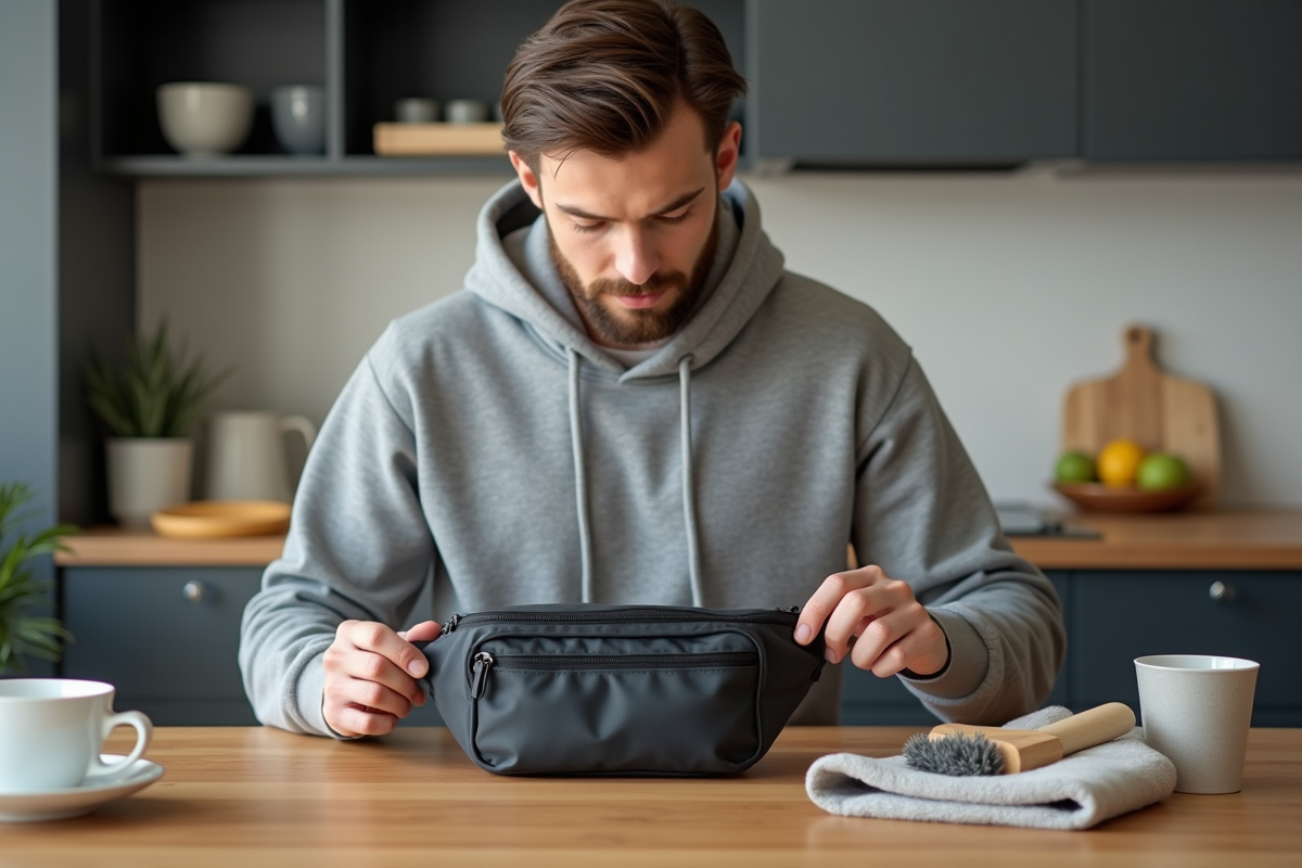 Jeune homme inspectant un sac banane en nylon sur la table