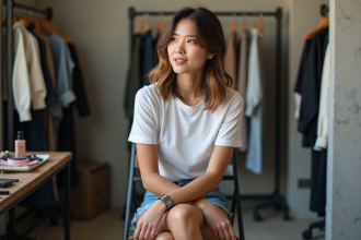 Jeune mannequin en backstage en tenue décontractée