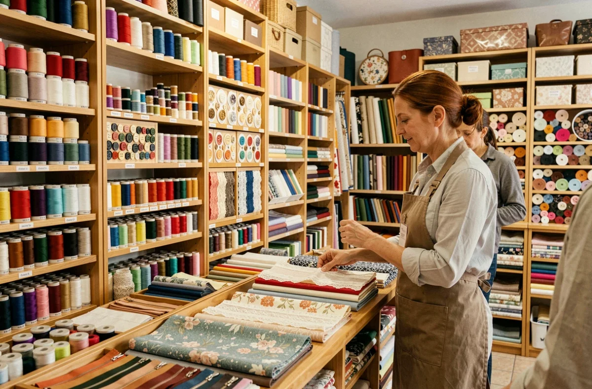 Mercerie et atelier Jonquières Couture dans le Vaucluse avec rayons de fil, boutons et mercerie organisés par couleur