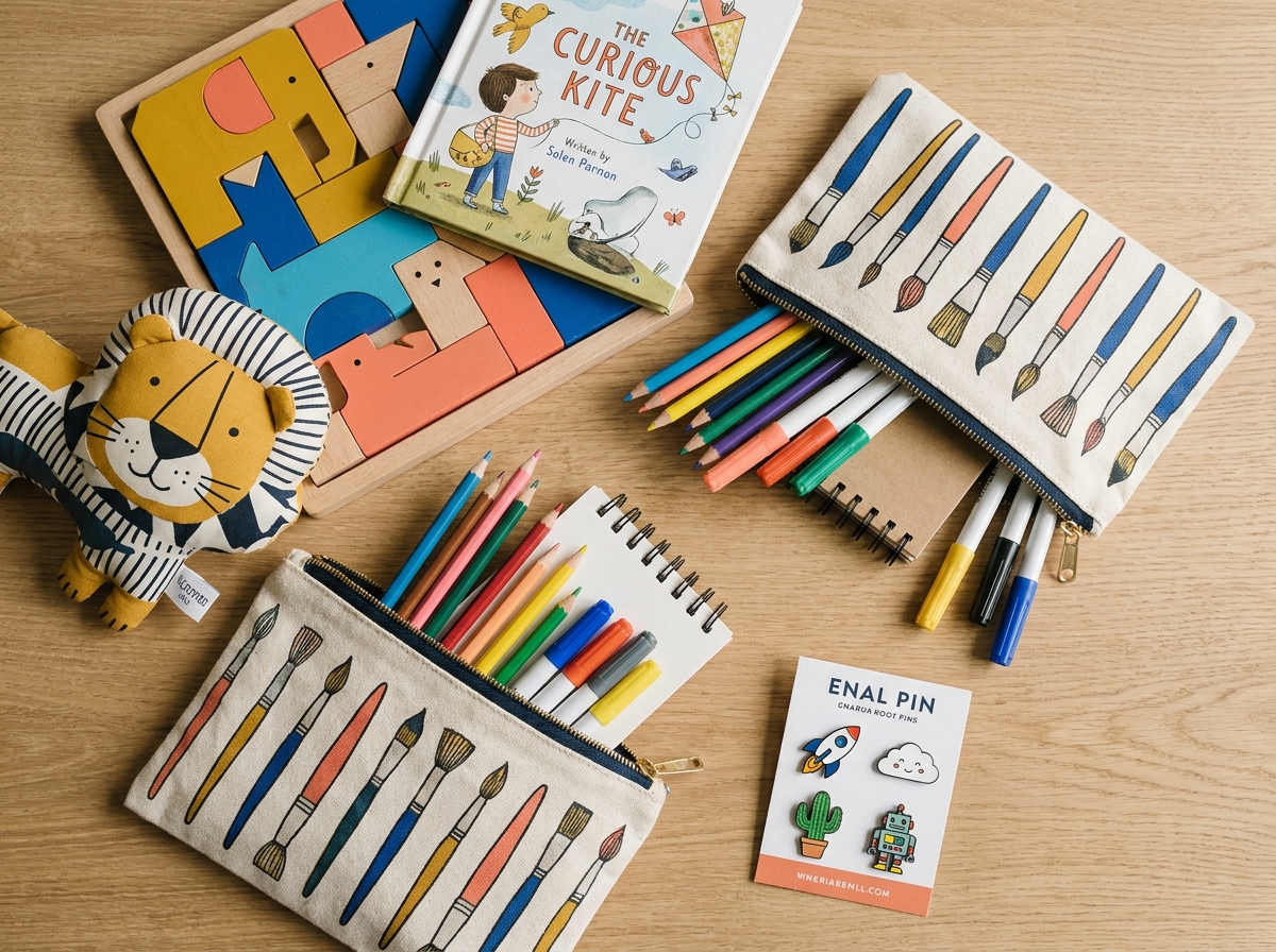Sélection de jouets et accessoires originaux de marques décalées disposés en flat lay sur une table en bois clair